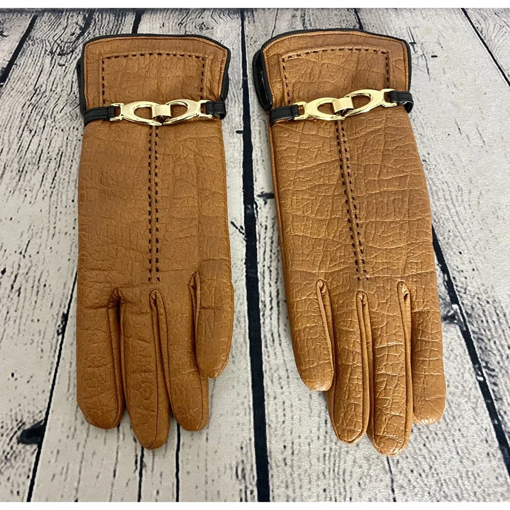Vintage‎ Brown Gold Aris Snuggler Sherpa Lined Driving Gloves Women's Regular